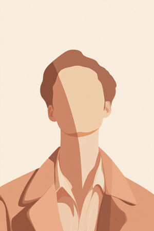 A stylish and minimalistic digital illustration of a young man with closed eyes, depicted in warm earthy tones. The artwork combines abstract and contemporary aesthetics, creating a serene and sophisticated atmosphere. Perfect for use in fashion, lifestyle, and modern design projects. AI-generatedの写真素材