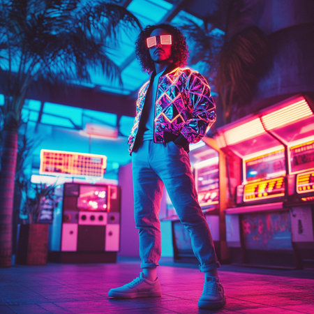 A confident young man stands in a glowing retro-futuristic city at sunset, dressed in an...