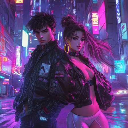 Vibrant AI-generated image of a young couple dancing energetically under a glowing disco ball in a neon-lit 1980s-inspired club. The man wears retro jeans and a colorful windbreaker, while the woman stuns in a glittery cropped top and denim shorts. Perfect for themes of nightlife, retro fashion, dance culture, and party vibes. Ideal for editorial use, design projects, event promotion, or music-themed contentの写真素材