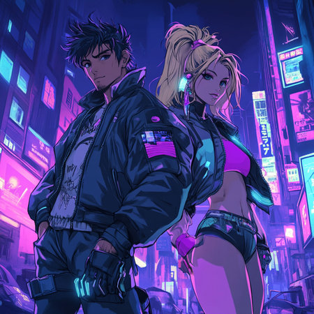 Vibrant AI-generated image of a young couple dancing energetically under a glowing disco ball in a neon-lit 1980s-inspired club. The man wears retro jeans and a colorful windbreaker, while the woman stuns in a glittery cropped top and denim shorts. Perfect for themes of nightlife, retro fashion, dance culture, and party vibes.の写真素材