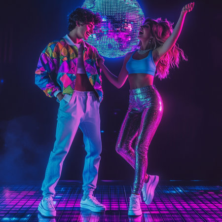 Vibrant AI-generated image of a young couple dancing energetically under a glowing disco ball in a...