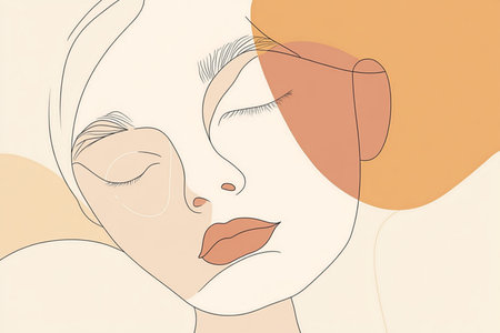 A modern and sophisticated minimalist portrait of a woman with closed eyes, created in an abstract...