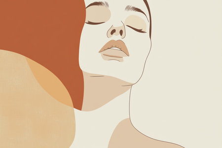 A modern and sophisticated minimalist portrait of a woman with closed eyes, created in an abstract line art style. Featuring soft, warm earthy tones, this digital artwork exudes elegance, serenity, and contemporary beauty. Ideal for art prints, interior decor, and fashion-inspired graphic design. AI-generated illustrationの写真素材
