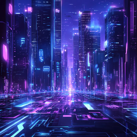A high-resolution futuristic cityscape with vibrant neon lighting in a cyberpunk aesthetic. Featuring illuminated skyscrapers, glowing data panels, and a digital city corridor that blends science fiction and technology. Ideal for use in digital art, gaming, sci-fi projects, backgrounds, and conceptual designsの写真素材