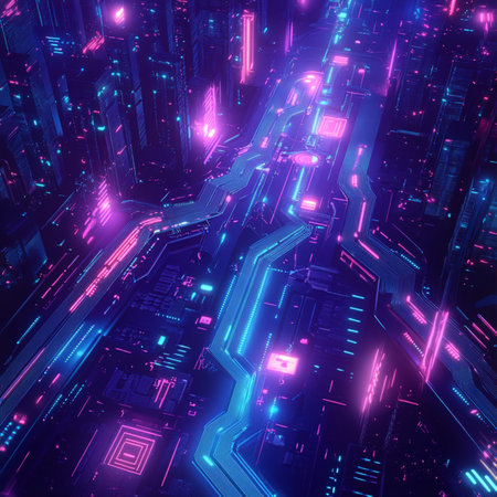 A high-resolution futuristic cityscape with vibrant neon lighting in a cyberpunk aesthetic....