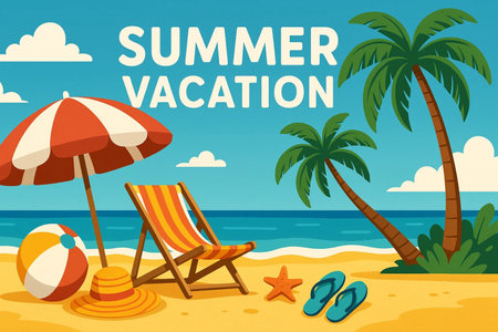 Playful vector illustration featuring a sunny tropical beach with palm trees, ocean waves, and a vibrant âHello Summerâ message. Perfect for seasonal promotions, greeting cards, posters, banners, and summer-themed digital content. Created with artificial intelligenceの写真素材