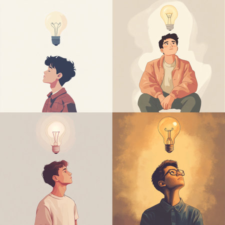 This AI-generated, semi-realistic illustration features four boys in minimalist settings, each gazing thoughtfully at a glowing lightbulb above their heads - symbolizing creativity, intelligence, and introspection. The muted backgrounds and soft lighting create a calm and reflective atmosphere, ideal for themes of learning, innovation, personal growth, and psychological depth. Perfect for use in educational materials, self-development content, creative campaigns, or mental health visualsの写真素材