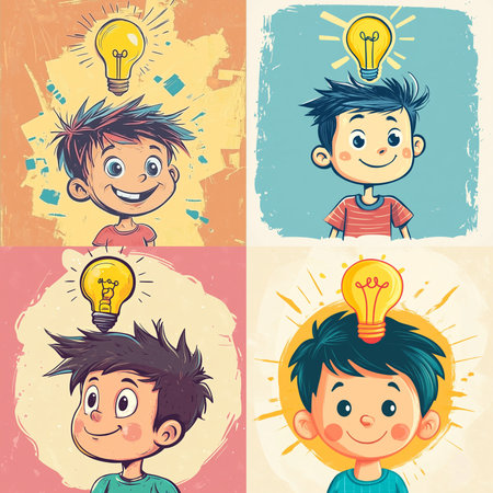An AI-generated illustration featuring four cartoon-style boys with light bulbs above their heads, symbolizing creativity, inspiration, and innovative thinking. This cheerful and colorful image represents the concept of bright ideas, intelligence, and learning, perfect for educational materials, children's books, school posters, or digital design related to youth creativity and imaginationの写真素材