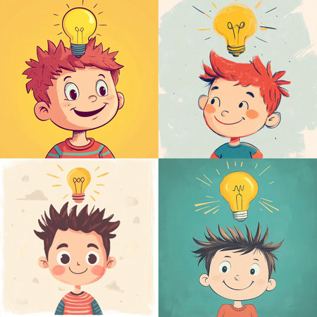 An AI-generated illustration featuring four cartoon-style boys with light bulbs above their heads, symbolizing creativity, inspiration, and innovative thinking. This cheerful and colorful image represents the concept of bright ideas, intelligence, and learning, perfect for educational materials, children's books, school posters, or digital design related to youth creativity and imaginationの写真素材