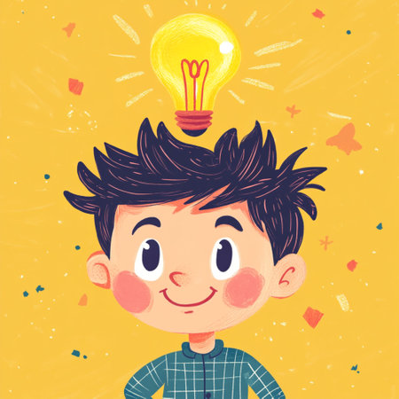 An AI-generated illustration featuring four cartoon-style boys with light bulbs above their heads, symbolizing creativity, inspiration, and innovative thinking. This cheerful and colorful image represents the concept of bright ideas, intelligence, and learning, perfect for educational materials, children's books, school posters, or digital design related to youth creativity and imaginationの写真素材