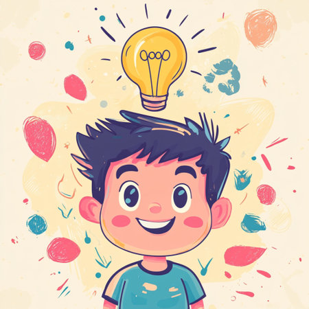 An AI-generated illustration featuring four cartoon-style boys with light bulbs above their heads, symbolizing creativity, inspiration, and innovative thinking. This cheerful and colorful image represents the concept of bright ideas, intelligence, and learning, perfect for educational materials, children's books, school posters, or digital design related to youth creativity and imaginationの写真素材