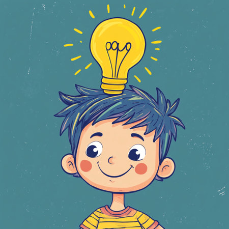 An AI-generated illustration featuring four cartoon-style boys with light bulbs above their heads, symbolizing creativity, inspiration, and innovative thinking. This cheerful and colorful image represents the concept of bright ideas, intelligence, and learning, perfect for educational materials, children's books, school posters, or digital design related to youth creativity and imaginationの写真素材