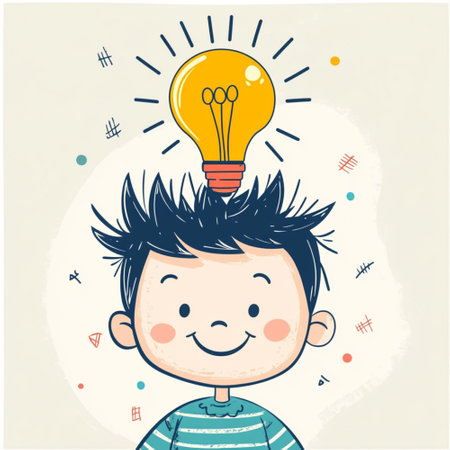 An AI-generated illustration featuring four cartoon-style boys with light bulbs above their heads, symbolizing creativity, inspiration, and innovative thinking. This cheerful and colorful image represents the concept of bright ideas, intelligence, and learning, perfect for educational materials, children's books, school posters, or digital design related to youth creativity and imaginationの写真素材