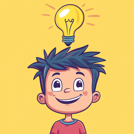 An AI-generated illustration featuring four cartoon-style boys with light bulbs above their heads, symbolizing creativity, inspiration, and innovative thinking. This cheerful and colorful image represents the concept of bright ideas, intelligence, and learning, perfect for educational materials, children's books, school posters, or digital design related to youth creativity and imaginationの写真素材