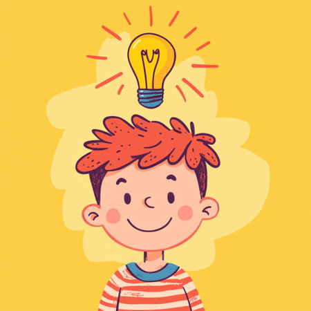 An AI-generated illustration featuring four cartoon-style boys with light bulbs above their heads, symbolizing creativity, inspiration, and innovative thinking. This cheerful and colorful image represents the concept of bright ideas, intelligence, and learning, perfect for educational materials, children's books, school posters, or digital design related to youth creativity and imaginationの写真素材