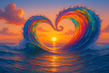 A surreal and colorful AI-generated image of an ocean wave forming a heart shape at sunset. This vibrant seascape blends fantasy and romance, perfect for use in romantic themes, summer concepts, travel posters, or decorative digital artwork. The vivid colors and dreamlike atmosphere make it an eye-catching design for creative projects and visual storytellingの写真素材