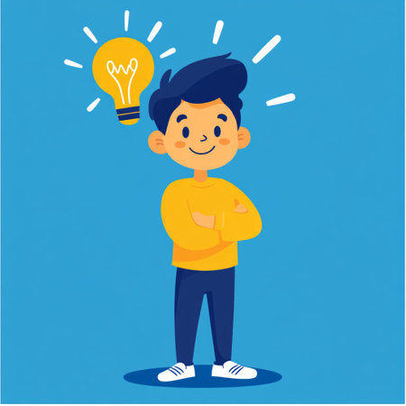 Flat vector illustration of a smiling young boy in casual clothes standing with a light bulb above...