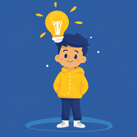 Flat vector illustration of a smiling young boy in casual clothes standing with a light bulb above...