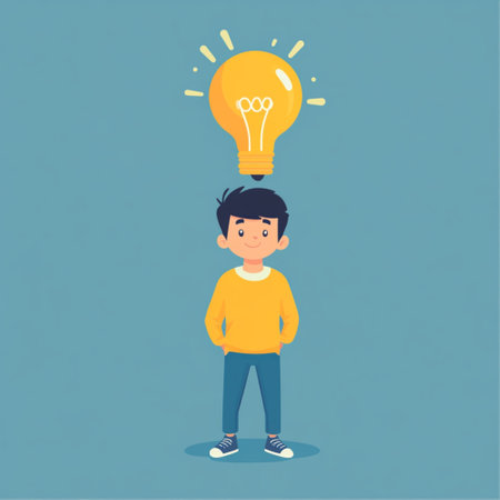 Flat vector illustration of a smiling young boy in casual clothes standing with a light bulb above his head, symbolizing a great idea or inspiration. The image represents creativity, intelligence, and innovative thinking. Ideal for educational materials, learning concepts, children's books, and creative content design. AI-generated artwork in cartoon styleの写真素材