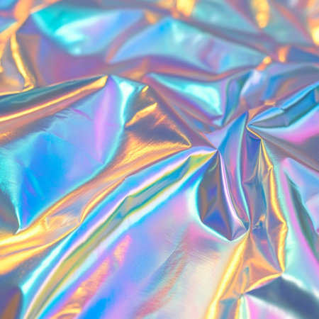 High-resolution abstract background featuring a holographic rainbow foil texture with iridescent...