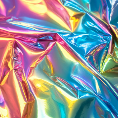 High-resolution abstract background featuring a holographic rainbow foil texture with iridescent effects. This colorful and reflective design offers a shiny, dreamy look perfect for modern digital art, trendy web design, packaging, or creative print materials. The surface glows with shifting pastel and neon tones, creating a futuristic and magical atmosphere. Ideal for projects needing a vibrant, luxe, and visually engaging backdrop. AI-generated seamless patternの写真素材