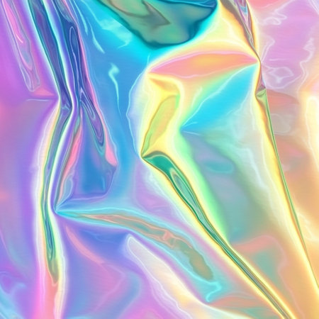 High-resolution abstract background featuring a holographic rainbow foil texture with iridescent...