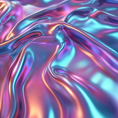 High-resolution abstract background featuring a holographic rainbow foil texture with iridescent effects. This colorful and reflective design offers a shiny, dreamy look perfect for modern digital art, trendy web design, packaging, or creative print materials. The surface glows with shifting pastel and neon tones, creating a futuristic and magical atmosphere. Ideal for projects needing a vibrant, luxe, and visually engaging backdrop. AI-generated seamless patternの写真素材