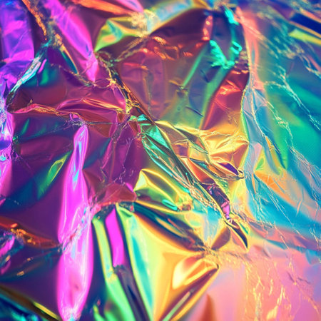 High-resolution abstract background featuring a holographic rainbow foil texture with iridescent effects. This colorful and reflective design offers a shiny, dreamy look perfect for modern digital art, trendy web design, packaging, or creative print materials. The surface glows with shifting pastel and neon tones, creating a futuristic and magical atmosphere. Ideal for projects needing a vibrant, luxe, and visually engaging backdrop. AI-generated seamless patternの写真素材