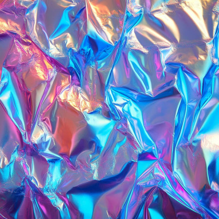 High-resolution abstract background featuring a holographic rainbow foil texture with iridescent effects. This colorful and reflective design offers a shiny, dreamy look perfect for modern digital art, trendy web design, packaging, or creative print materials. The surface glows with shifting pastel and neon tones, creating a futuristic and magical atmosphere. Ideal for projects needing a vibrant, luxe, and visually engaging backdrop. AI-generated seamless patternの写真素材