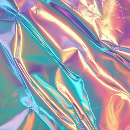 High-resolution abstract background featuring a holographic rainbow foil texture with iridescent effects. This colorful and reflective design offers a shiny, dreamy look perfect for modern digital art, trendy web design, packaging, or creative print materials. The surface glows with shifting pastel and neon tones, creating a futuristic and magical atmosphere. Ideal for projects needing a vibrant, luxe, and visually engaging backdrop. AI-generated seamless patternの写真素材