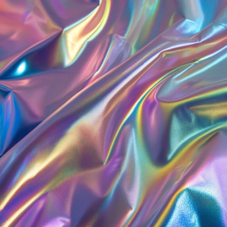 High-resolution abstract background featuring a holographic rainbow foil texture with iridescent...