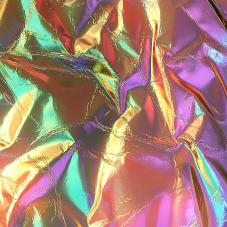 High-resolution abstract background featuring a holographic rainbow foil texture with iridescent effects. This colorful and reflective design offers a shiny, dreamy look perfect for modern digital art, trendy web design, packaging, or creative print materials. The surface glows with shifting pastel and neon tones, creating a futuristic and magical atmosphere. Ideal for projects needing a vibrant, luxe, and visually engaging backdrop. AI-generated seamless patternの写真素材