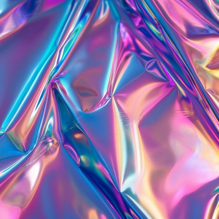 High-resolution abstract background featuring a holographic rainbow foil texture with iridescent...