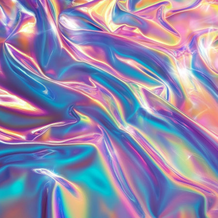 High-resolution abstract background featuring a holographic rainbow foil texture with iridescent effects. This colorful and reflective design offers a shiny, dreamy look perfect for modern digital art, trendy web design, packaging, or creative print materials. The surface glows with shifting pastel and neon tones, creating a futuristic and magical atmosphere. Ideal for projects needing a vibrant, luxe, and visually engaging backdrop. AI-generated seamless patternの写真素材