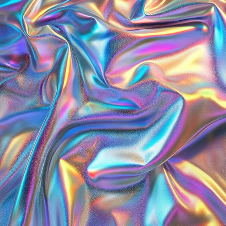 High-resolution abstract background featuring a holographic rainbow foil texture with iridescent...