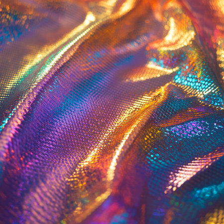 High-resolution abstract background featuring a holographic rainbow foil texture with iridescent effects. This colorful and reflective design offers a shiny, dreamy look perfect for modern digital art, trendy web design, packaging, or creative print materials. The surface glows with shifting pastel and neon tones, creating a futuristic and magical atmosphere. Ideal for projects needing a vibrant, luxe, and visually engaging backdrop. AI-generated seamless patternの写真素材