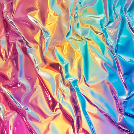 High-resolution abstract background featuring a holographic rainbow foil texture with iridescent...