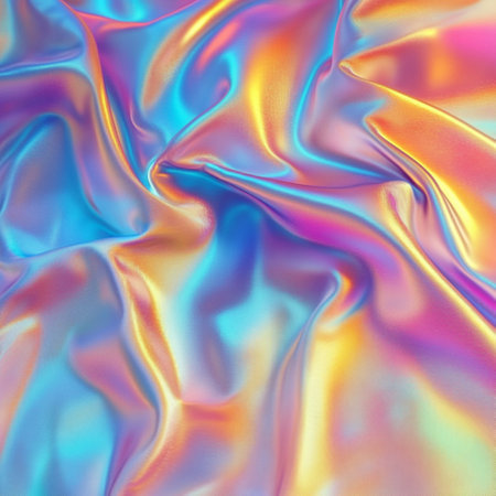 High-resolution abstract background featuring a holographic rainbow foil texture with iridescent effects. This colorful and reflective design offers a shiny, dreamy look perfect for modern digital art, trendy web design, packaging, or creative print materials. The surface glows with shifting pastel and neon tones, creating a futuristic and magical atmosphere. Ideal for projects needing a vibrant, luxe, and visually engaging backdrop. AI-generated seamless patternの写真素材
