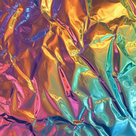 High-resolution abstract background featuring a holographic rainbow foil texture with iridescent effects. This colorful and reflective design offers a shiny, dreamy look perfect for modern digital art, trendy web design, packaging, or creative print materials. The surface glows with shifting pastel and neon tones, creating a futuristic and magical atmosphere. Ideal for projects needing a vibrant, luxe, and visually engaging backdrop. AI-generated seamless patternの写真素材