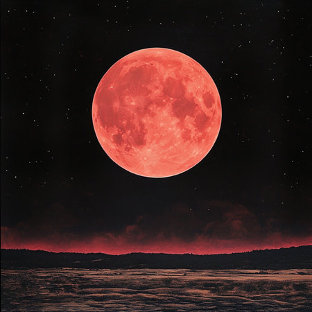 A dramatic and atmospheric image of a red blood moon glowing brightly in the night sky above dark forest silhouettes. This celestial scene features a star-filled sky with deep shadows, evoking mystery, magic, and a sense of awesome. Ideal for use in themes of astronomy, fantasy, mystery, or seasonal concepts like Halloween. A striking visual for backgrounds, posters, book covers, or editorial use related to lunar eclipses and space phenomenaの写真素材