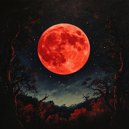 A dramatic and atmospheric image of a red blood moon glowing brightly in the night sky above dark forest silhouettes. This celestial scene features a star-filled sky with deep shadows, evoking mystery, magic, and a sense of awesome. Ideal for use in themes of astronomy, fantasy, mystery, or seasonal concepts like Halloween. A striking visual for backgrounds, posters, book covers, or editorial use related to lunar eclipses and space phenomenaの写真素材
