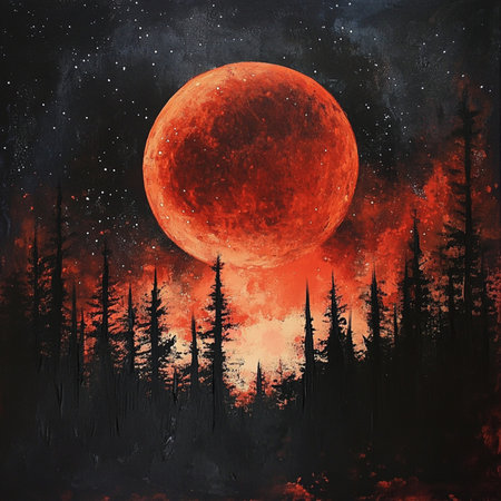 A dramatic and atmospheric image of a red blood moon glowing brightly in the night sky above dark...