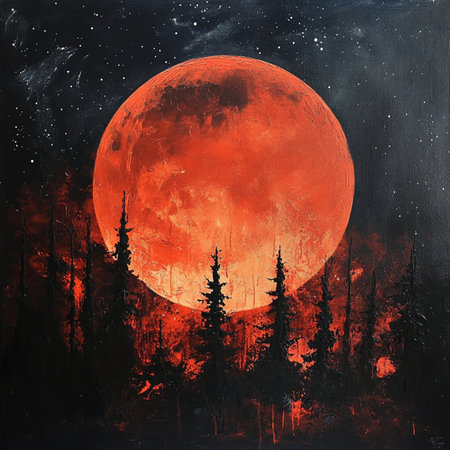 A dramatic and atmospheric image of a red blood moon glowing brightly in the night sky above dark forest silhouettes. This celestial scene features a star-filled sky with deep shadows, evoking mystery, magic, and a sense of awesome. Ideal for use in themes of astronomy, fantasy, mystery, or seasonal concepts like Halloween. A striking visual for backgrounds, posters, book covers, or editorial use related to lunar eclipses and space phenomenaの写真素材