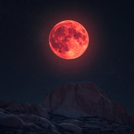 A dramatic and atmospheric image of a red blood moon glowing brightly in the night sky above dark forest silhouettes. This celestial scene features a star-filled sky with deep shadows, evoking mystery, magic, and a sense of awesome. Ideal for use in themes of astronomy, fantasy, mystery, or seasonal concepts like Halloween. A striking visual for backgrounds, posters, book covers, or editorial use related to lunar eclipses and space phenomenaの写真素材