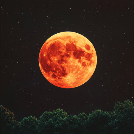 A dramatic and atmospheric image of a red blood moon glowing brightly in the night sky above dark forest silhouettes. This celestial scene features a star-filled sky with deep shadows, evoking mystery, magic, and a sense of awesome. Ideal for use in themes of astronomy, fantasy, mystery, or seasonal concepts like Halloween. A striking visual for backgrounds, posters, book covers, or editorial use related to lunar eclipses and space phenomenaの写真素材