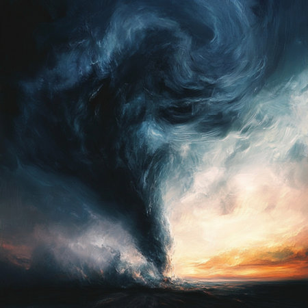 A powerful tornado sweeps across a golden field, throwing debris into the air under a dark and stormy sky. This dramatic natural disaster scene captures the raw force of nature and extreme weather in motion. Perfect for use in themes related to meteorology, natural hazards, climate change, emergency preparedness, and atmospheric phenomena. Ideal for editorial content, educational materials, or disaster-themed creative projectsの写真素材
