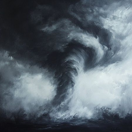 A powerful tornado sweeps across a field, throwing debris into the air under a dark and stormy sky. This dramatic natural disaster scene captures the raw force of nature and extreme weather in motion. Perfect for use in themes related to meteorology, natural hazards, climate change, emergency preparedness, and atmospheric phenomena. Ideal for editorial content, educational materials, or disaster-themed creative projectsの写真素材