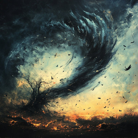 A powerful tornado sweeps across a golden field, throwing debris into the air under a dark and stormy sky. This dramatic natural disaster scene captures the raw force of nature and extreme weather in motion. Perfect for use in themes related to meteorology, natural hazards, climate change, emergency preparedness, and atmospheric phenomena. Ideal for editorial content, educational materials, or disaster-themed creative projectsの写真素材