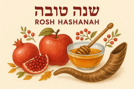 A beautiful and festive Rosh Hashanah greeting card designed for the Jewish New Year celebration. The illustration includes traditional symbols such as apples, honey, and pomegranates, representing sweetness and abundance. Perfect for digital or print use, this card features warm colors, Hebrew calligraphy, and a touch of modern minimalist style. Ideal for sending blessings of peace, health, and prosperity. A meaningful way to honor Jewish culture and traditionの写真素材