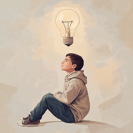 This AI-generated, semi-realistic illustration features a boy in a minimalist setting, gazing thoughtfully at a glowing lightbulb above his head - symbolizing creativity, intelligence, and introspection. The muted background and soft lighting create a calm and reflective atmosphere, ideal for themes of learning, innovation, personal growth, and psychological depth. Perfect for use in educational materials, self-development content, creative campaigns, or mental health visualsの写真素材